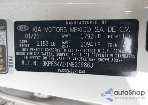 2021 Kia Forte Gt-Line из США, поврежденный, VIN 3KPF34AD1ME329863